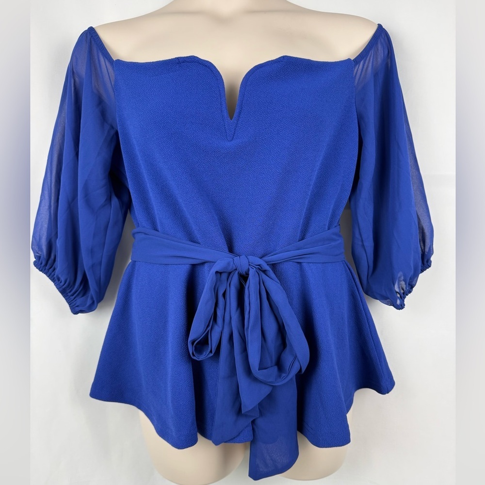 Floerns Blue Peplum Baby Doll Off Shoulder 3/4 Puff Sleeve Plus Size Blouse